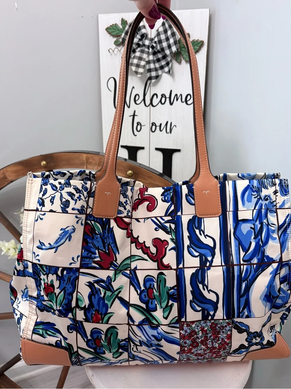TORY BURCH Retired Blue Floral Patchwork Ella Tote with Tan Leather Details